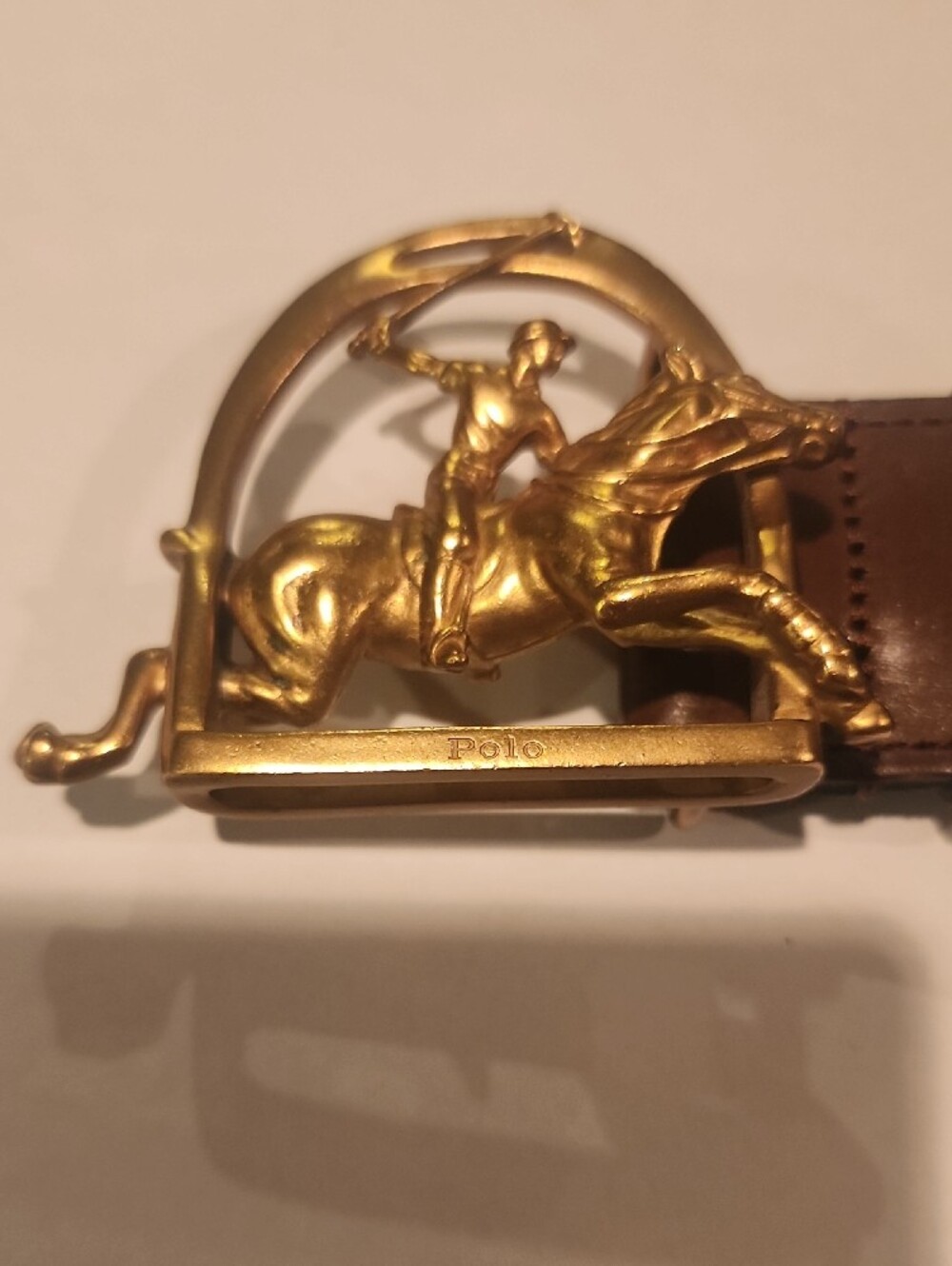 Ralph Lauren Polo Solid Brass Horse & Rider Buckle on Blue & Green Belt - Picture 2 of 7